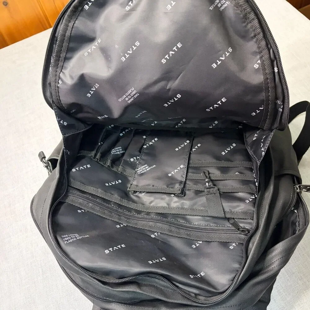 STATE Black Brand Laptop Double Pocket Backpack Datadog Branding 16” x 14” EUC